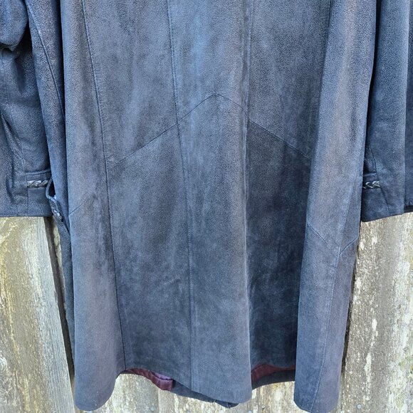 Vintage Black Leather Trench Coat jacket Womens Size L Braided Trim Mid Length - Picture 10 of 14